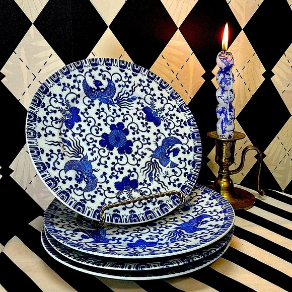 Vintage Noritake Japan Phoenix Salad Plates Blue & White Porcelain| Set/4 | 8.5” - Picture 5 of 5